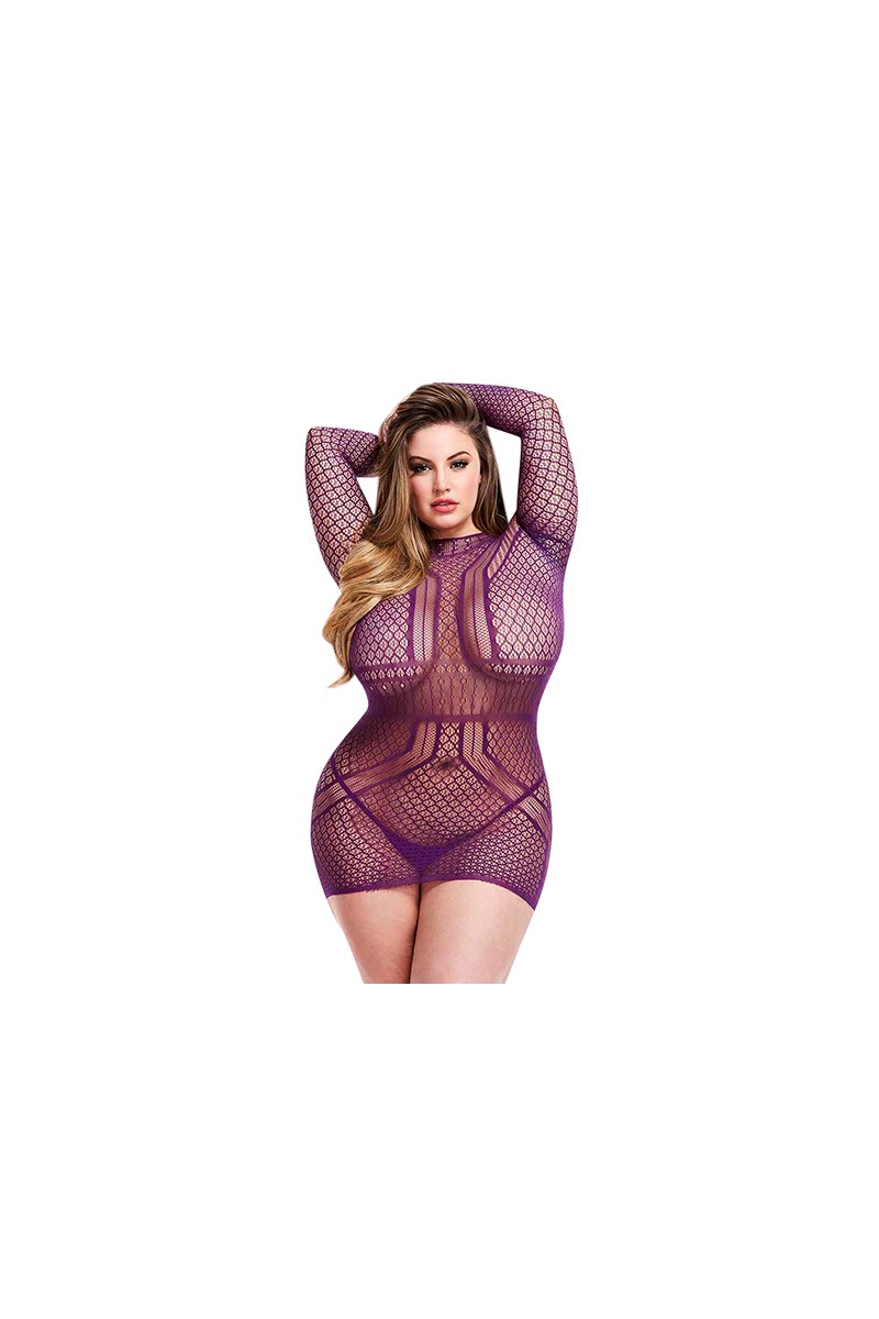 Lapdance - Long Sleeve Open Back Mini Dress Purple Plus