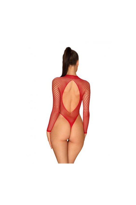 Langärmeliger Netz-Tanga-Bodysuit - Rot